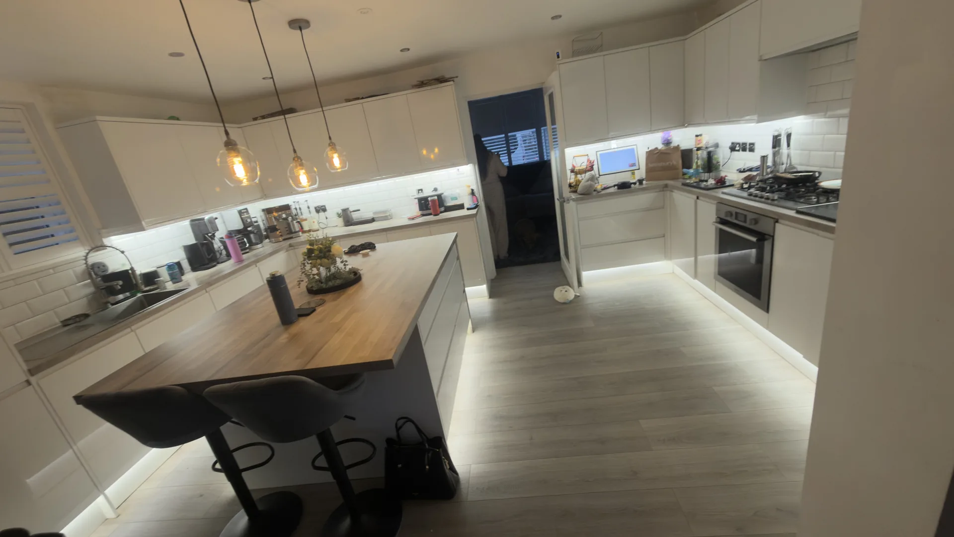 Under-cabinet LED strip lighting installed in a domestic kitchen by R&R Electrical